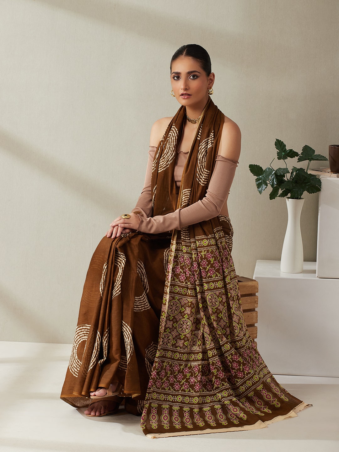 Buy Coffee Pure Cotton Printed Sarees Online at Default Store View