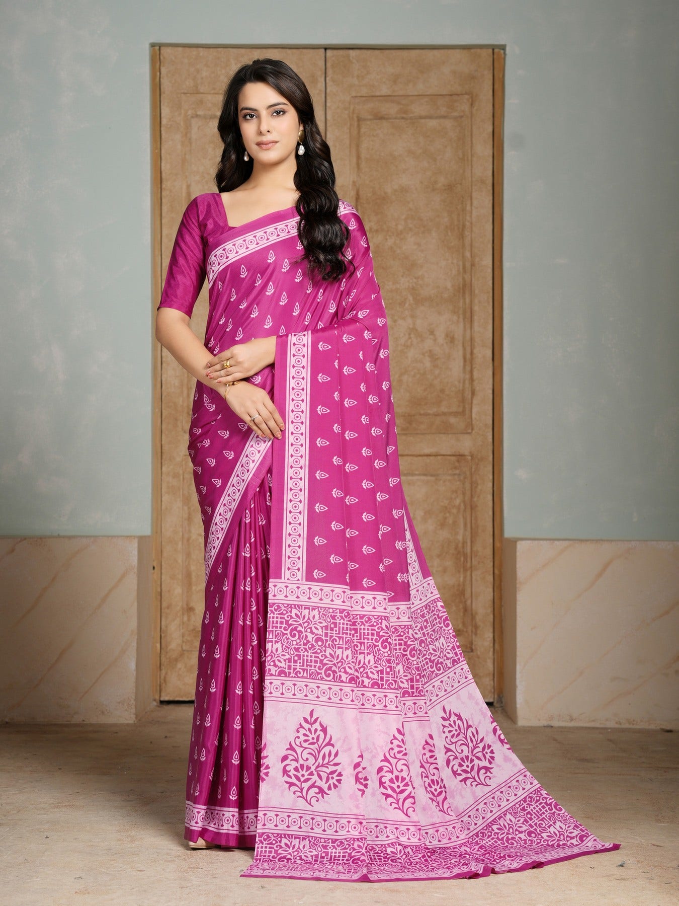 Buy Magenta Crepe Block Print Sarees Online at Default Store View