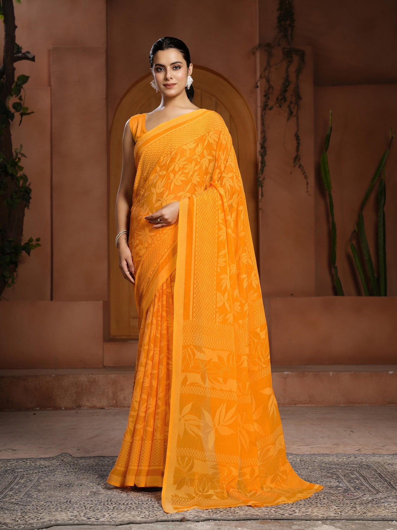 Buy Orange Chiffon Floral Sarees Online at Default Store View