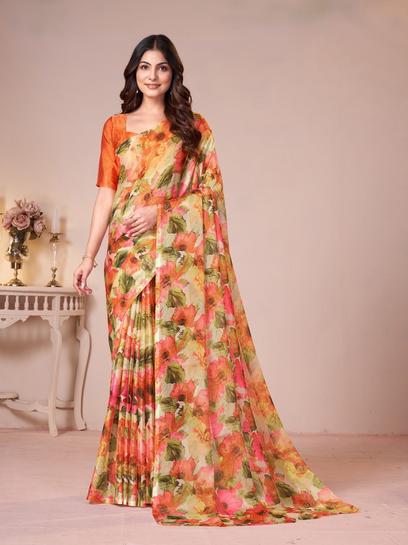 Buy Orange Chiffon Floral Sarees Online at Default Store View