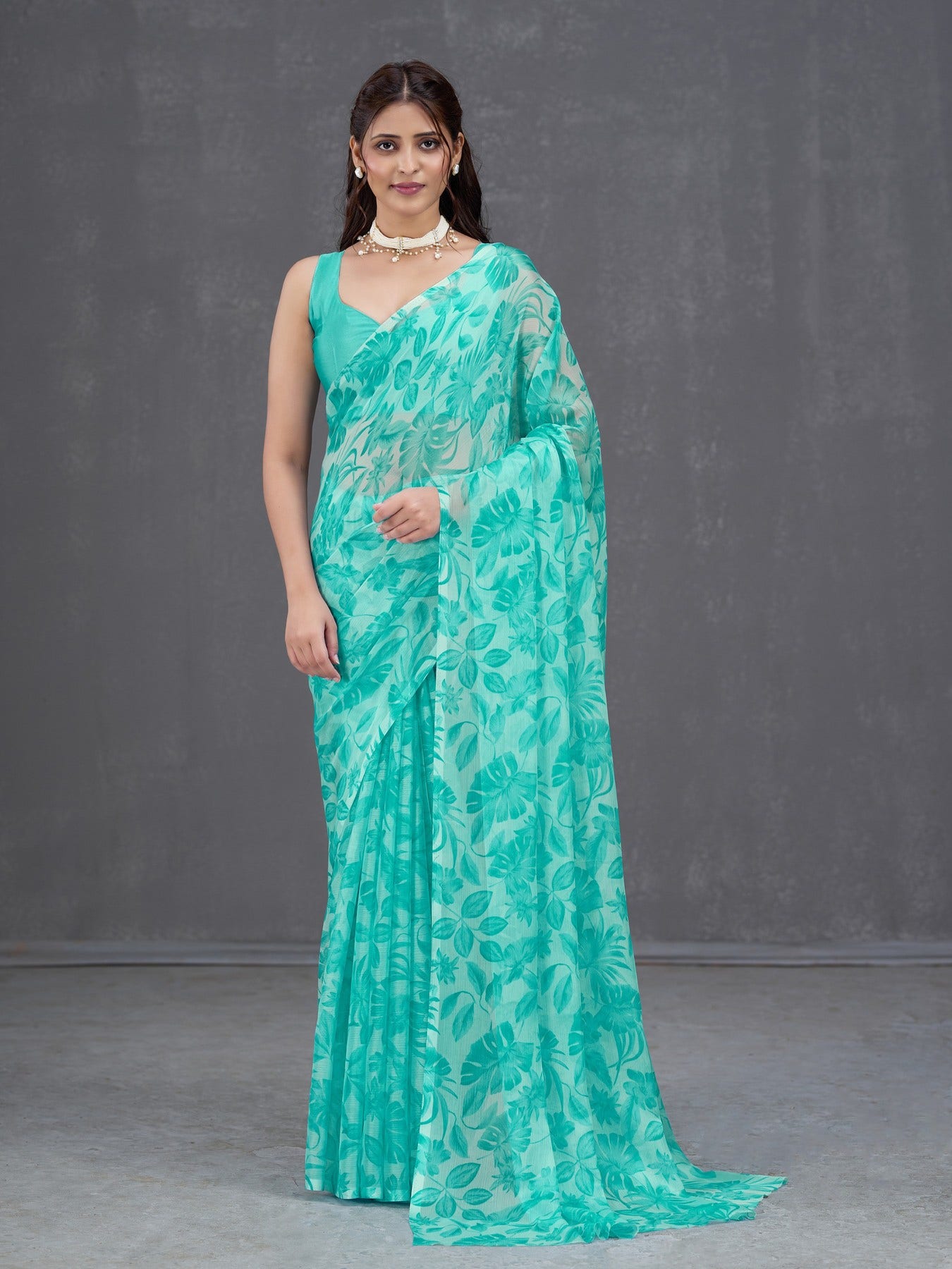 Buy Turquoise Chiffon Floral Sarees Online at Default Store View