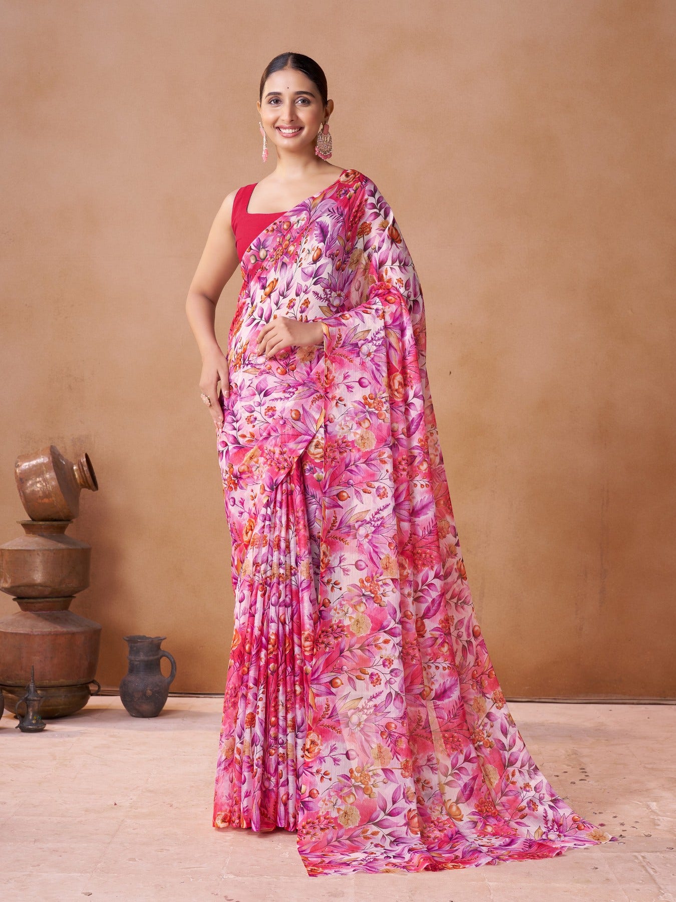 Buy Red Chiffon Floral Sarees Online at Default Store View